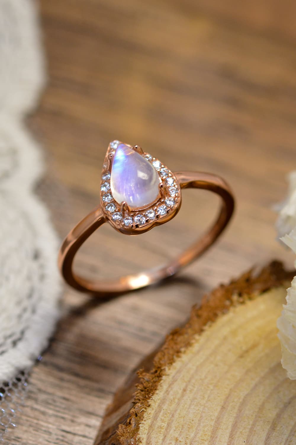 Teardrop Halo Moonstone Ring