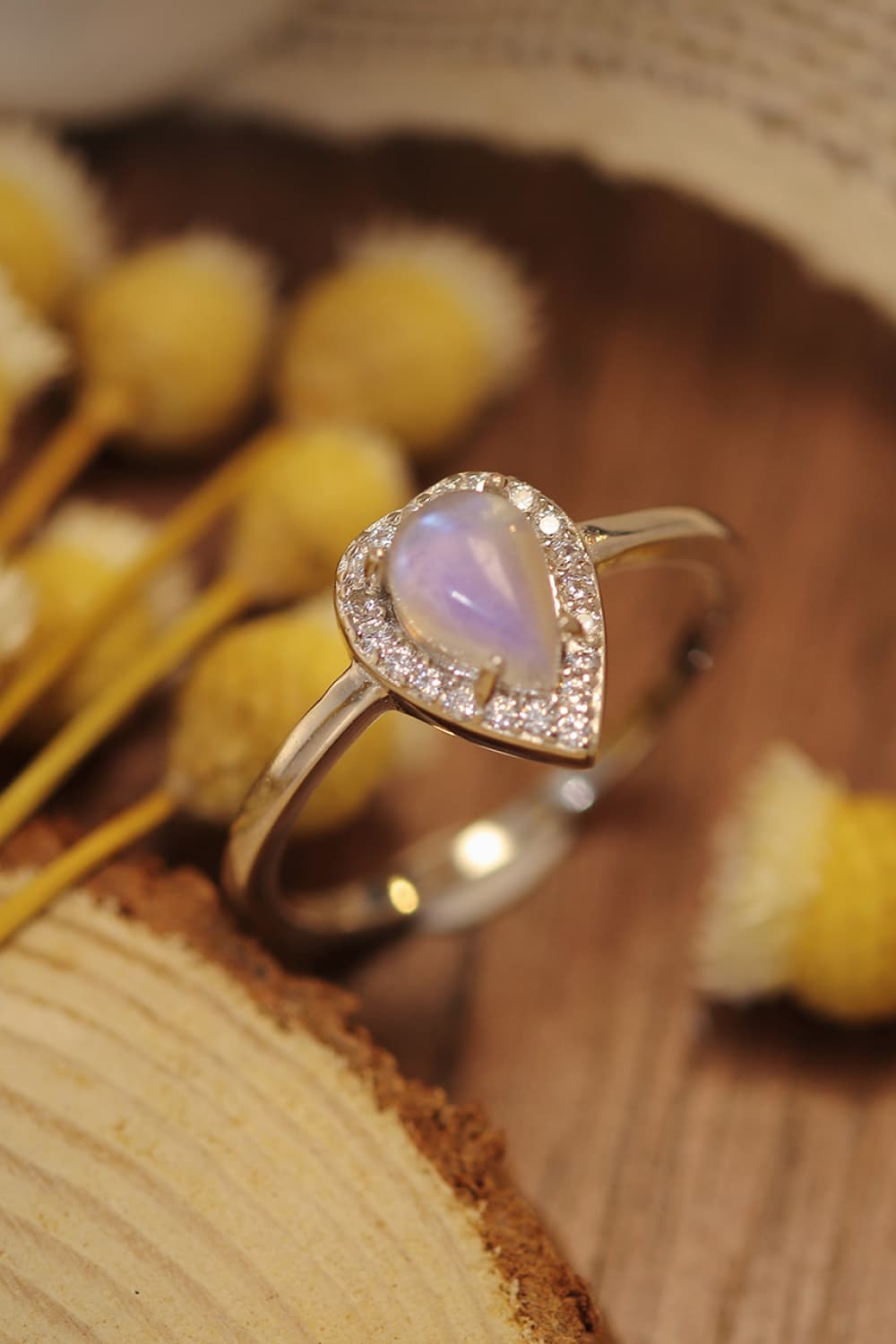 Teardrop Halo Moonstone Ring