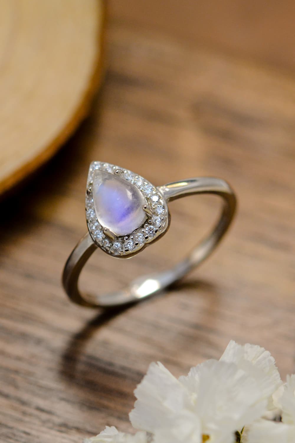 Teardrop Halo Moonstone Ring