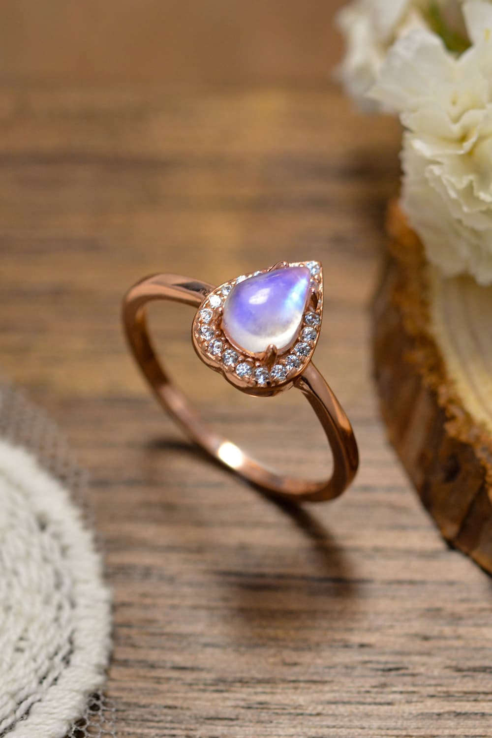 Teardrop Halo Moonstone Ring